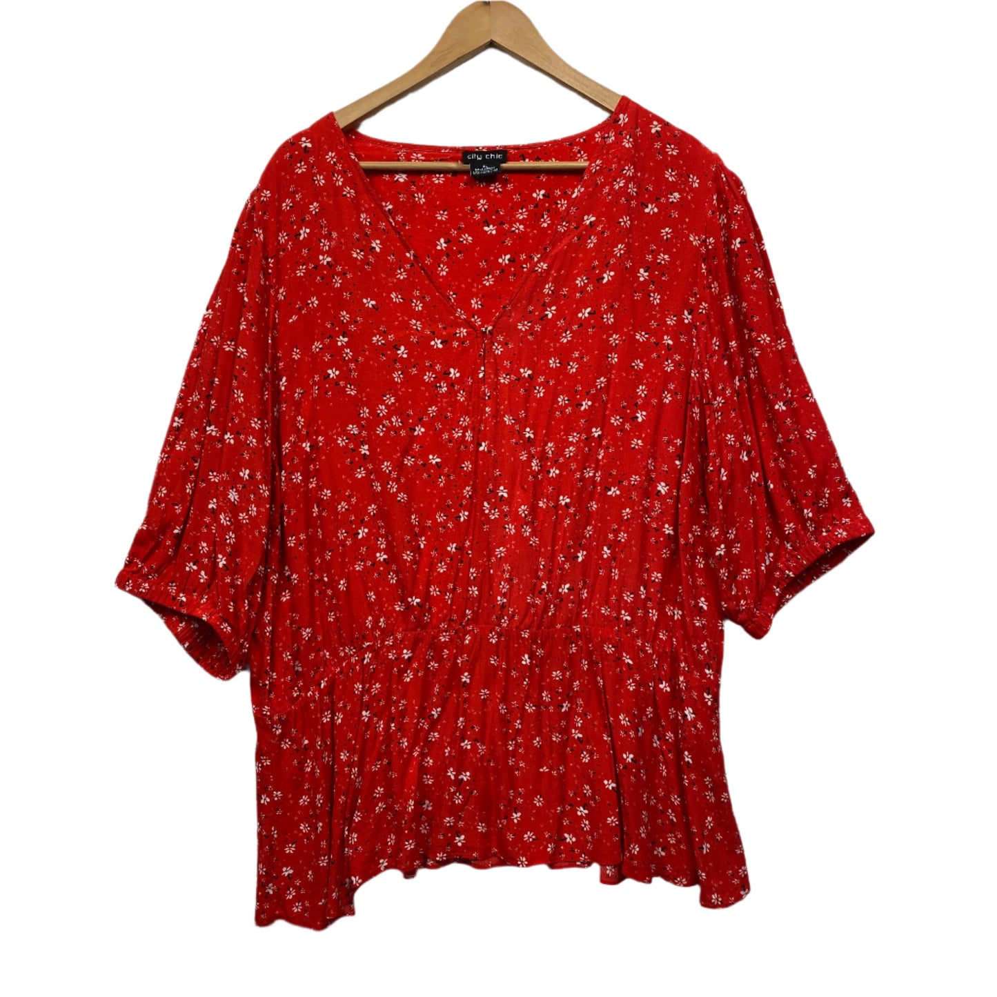 City Chic Top 22 XL Plus Red Floral Short Sleeve V Neck