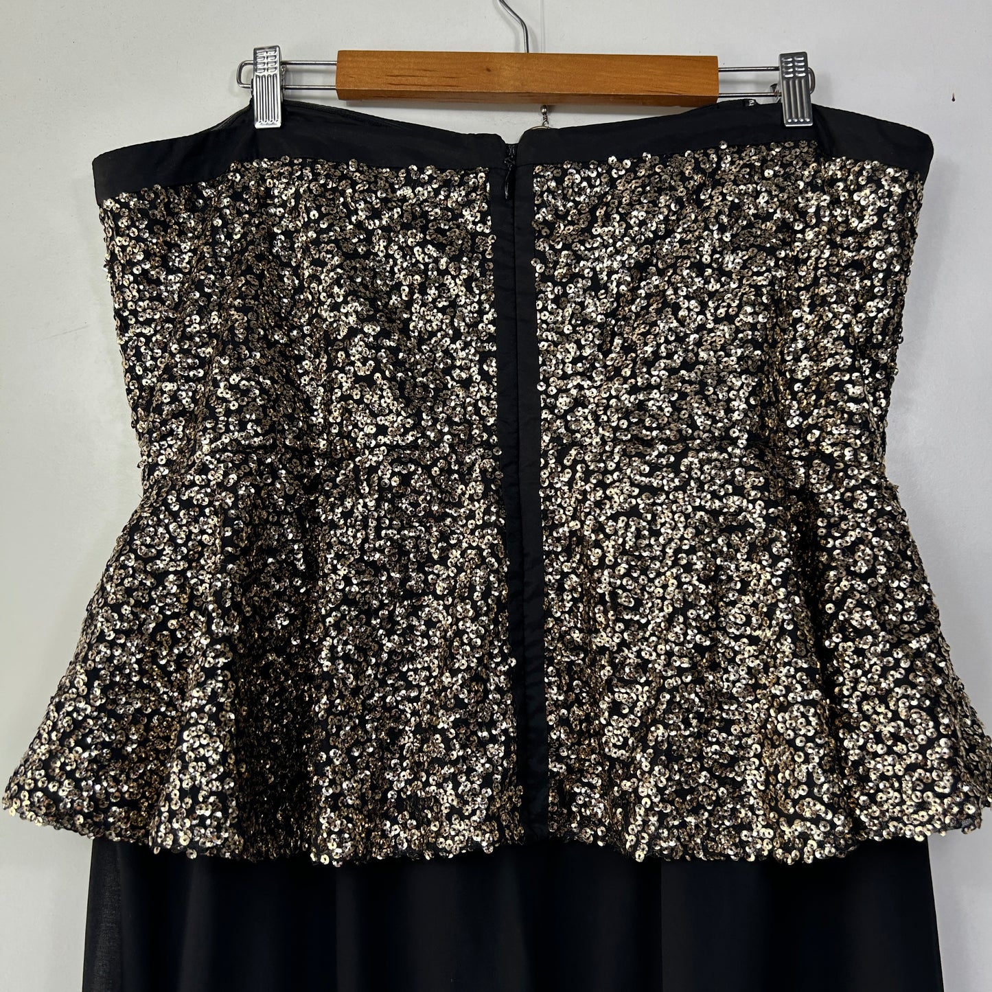 City Chic Strapless Peplum Black & Gold Sequins Evening Formal Dress - Size 18/M