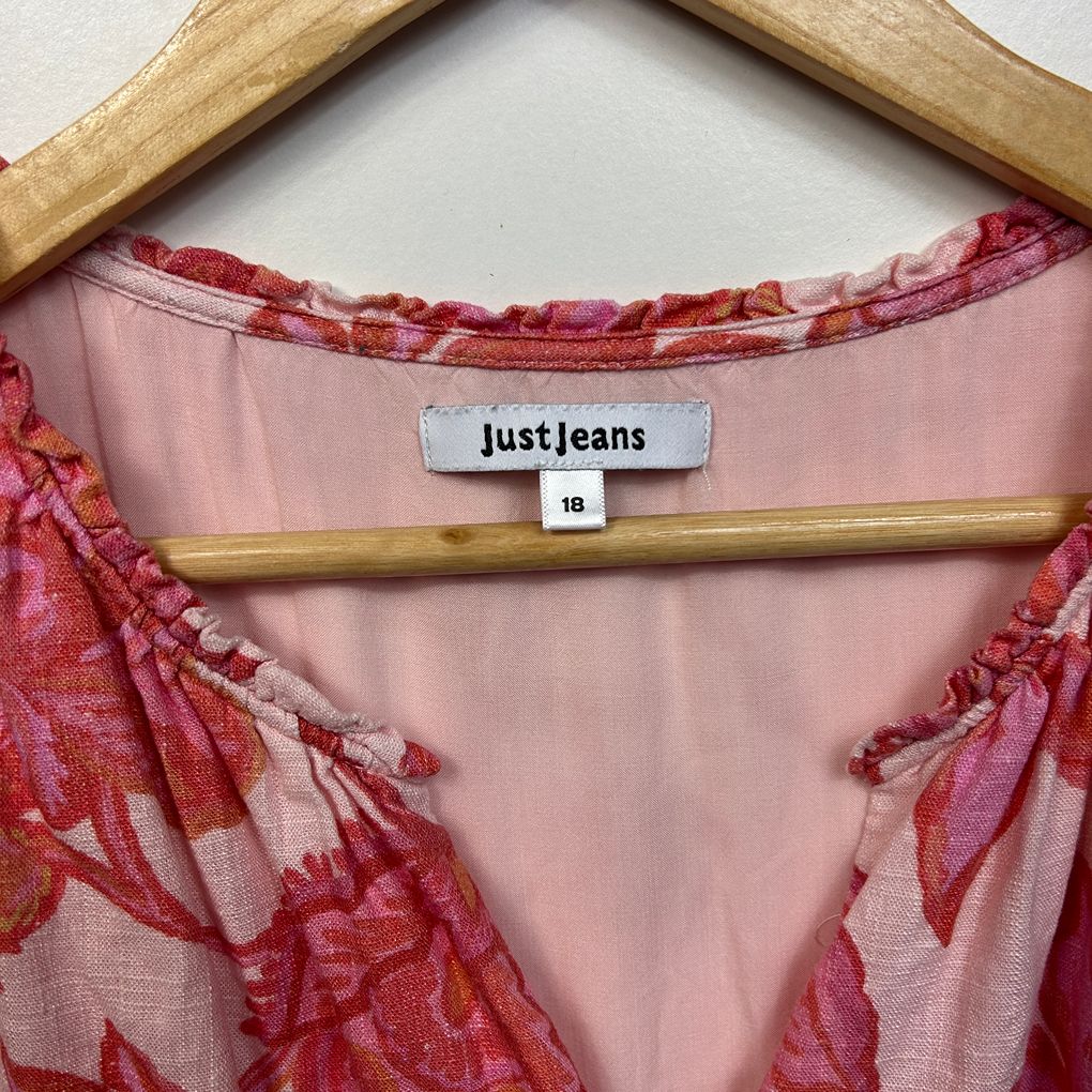 Just Jeans Red Floral Linen Dress - Size 18