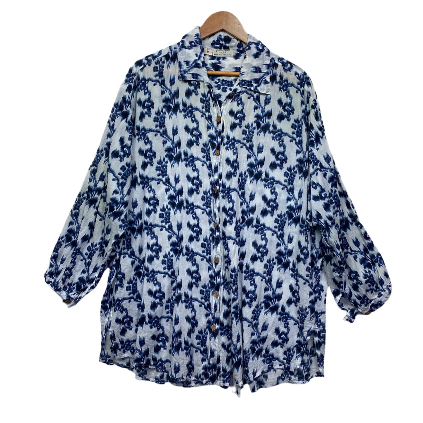 Tree of Life Top One Size 14 16 Blue Long Sleeve Button Up Free Love