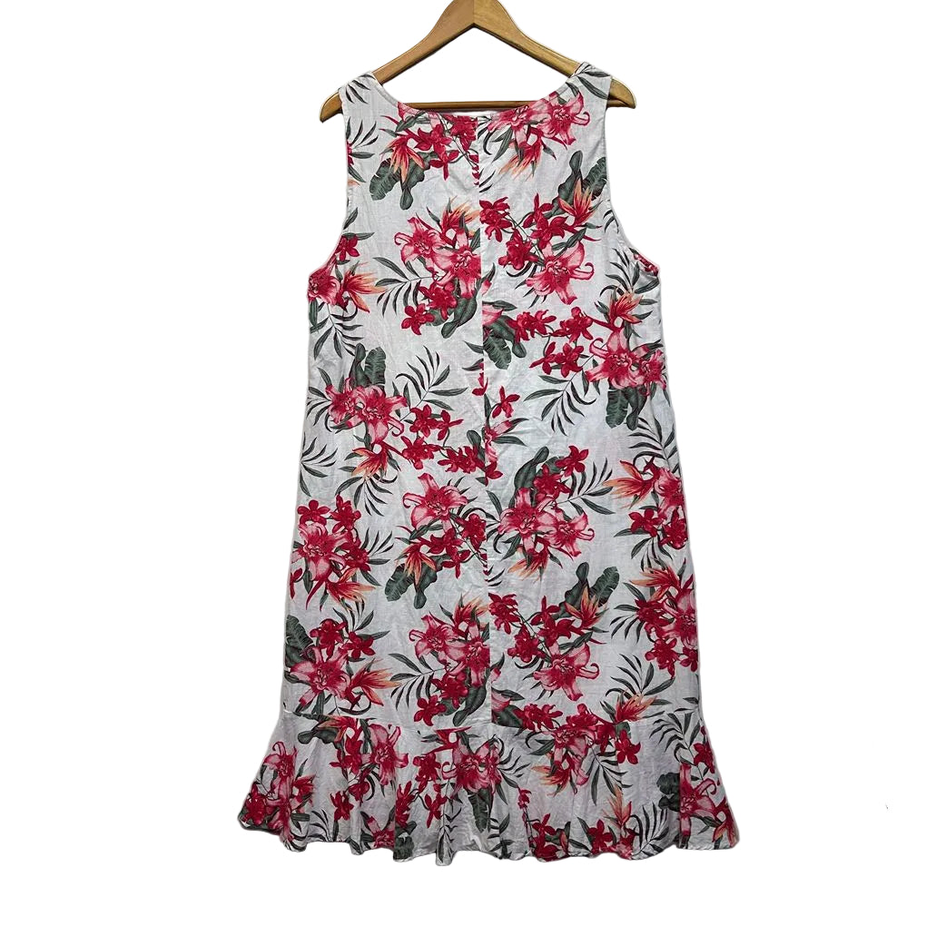 Katies White Floral Linen Dress - Size 18