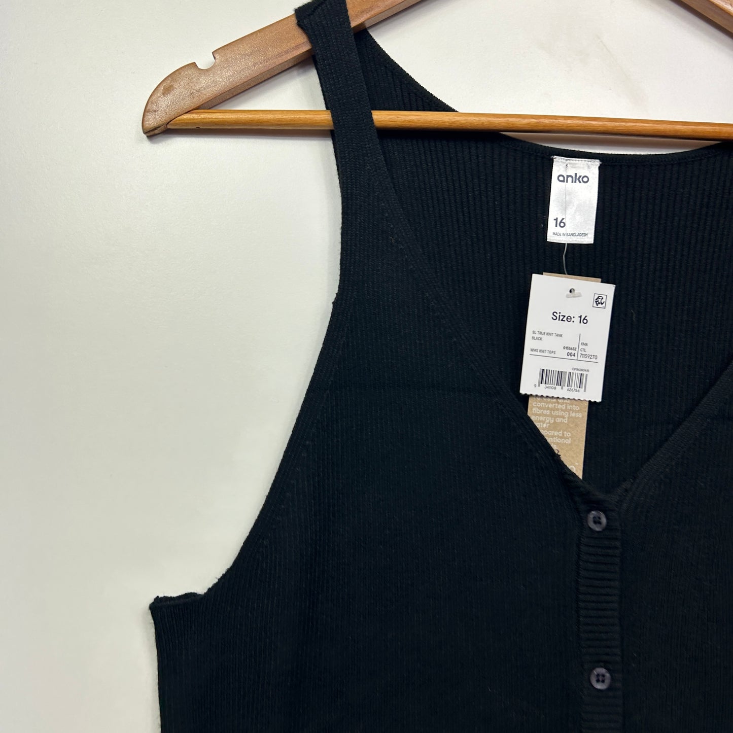 Anko Singlet Tank Top Size 16 Black Viscose Blend New