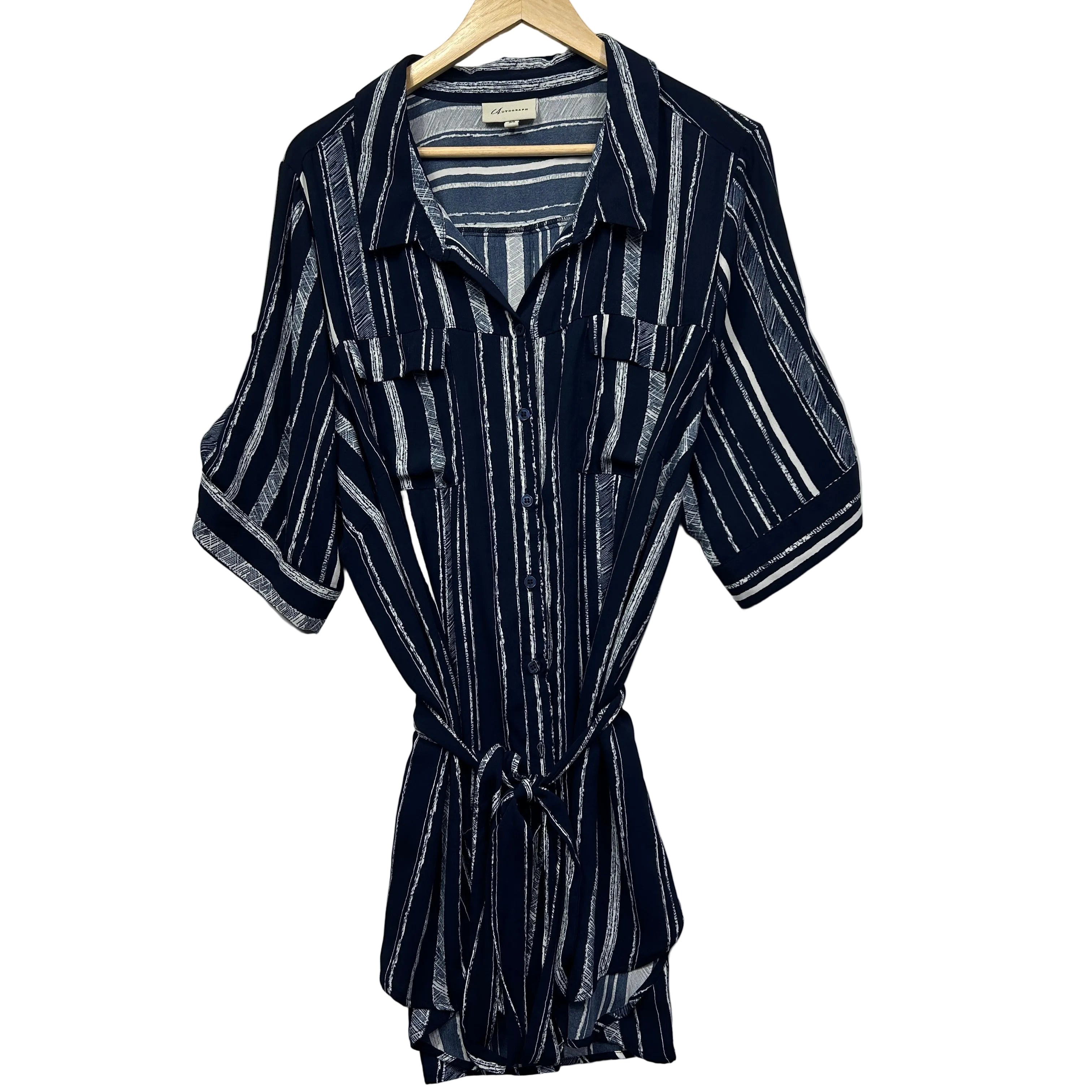 Autograph Navy and White Striped Top with Belt - Size 22