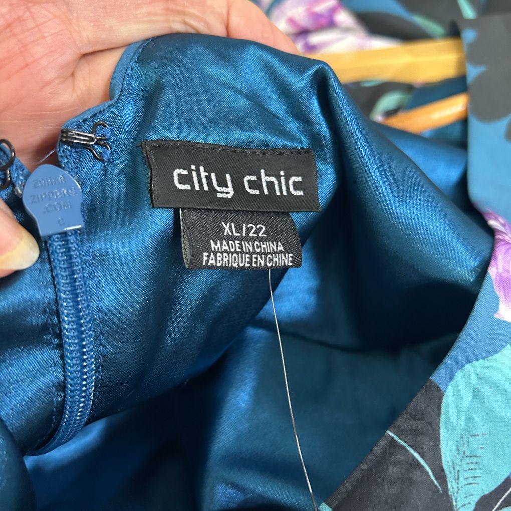 City Chic Teal Floral Fit & Flare Dress - Size 22