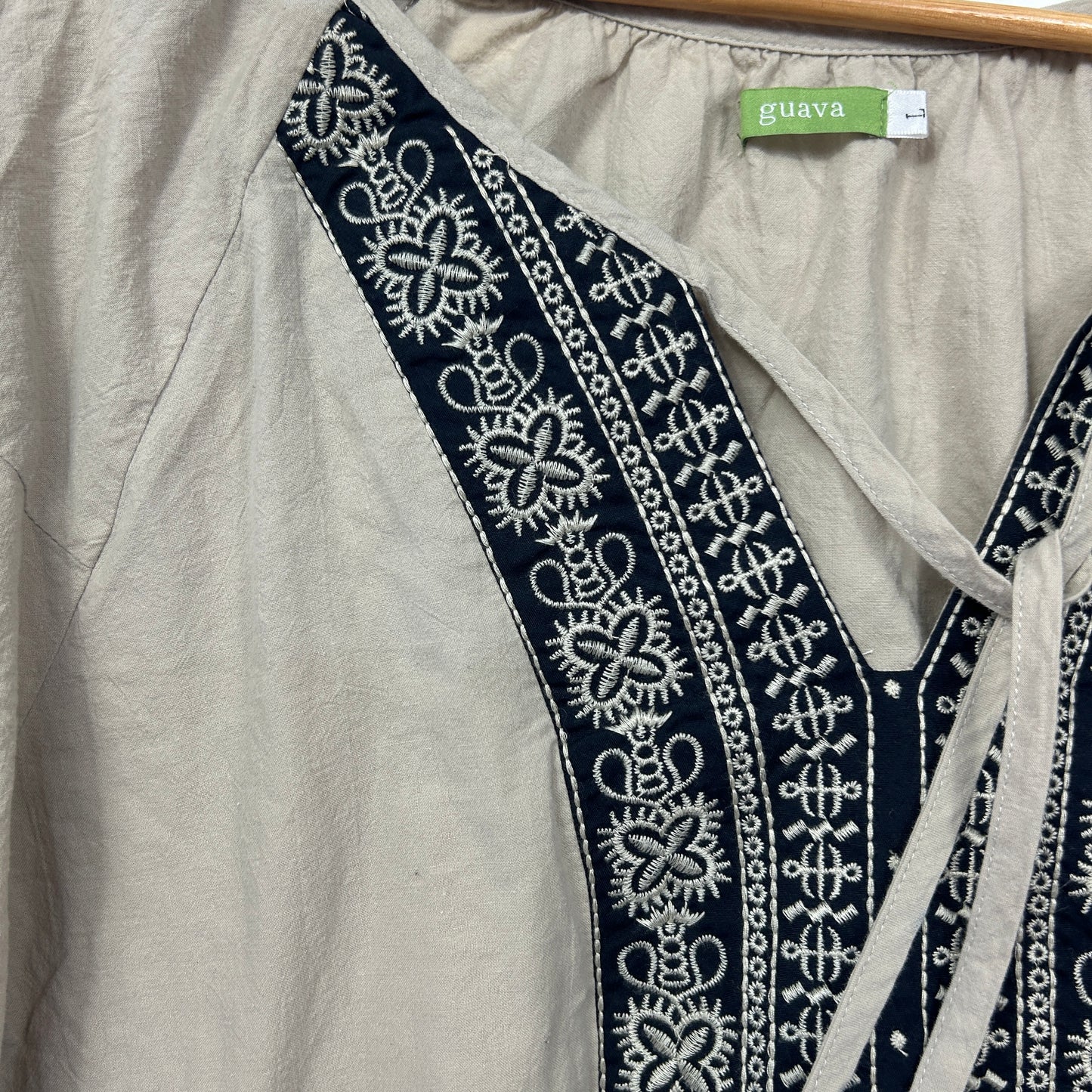 Guava Natural Beige Embroidered Tassel Top - Size L