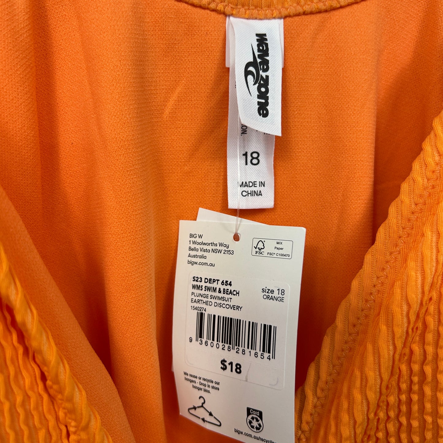 Wavezone Orange Textured Plunge Swimsuit - Size 18