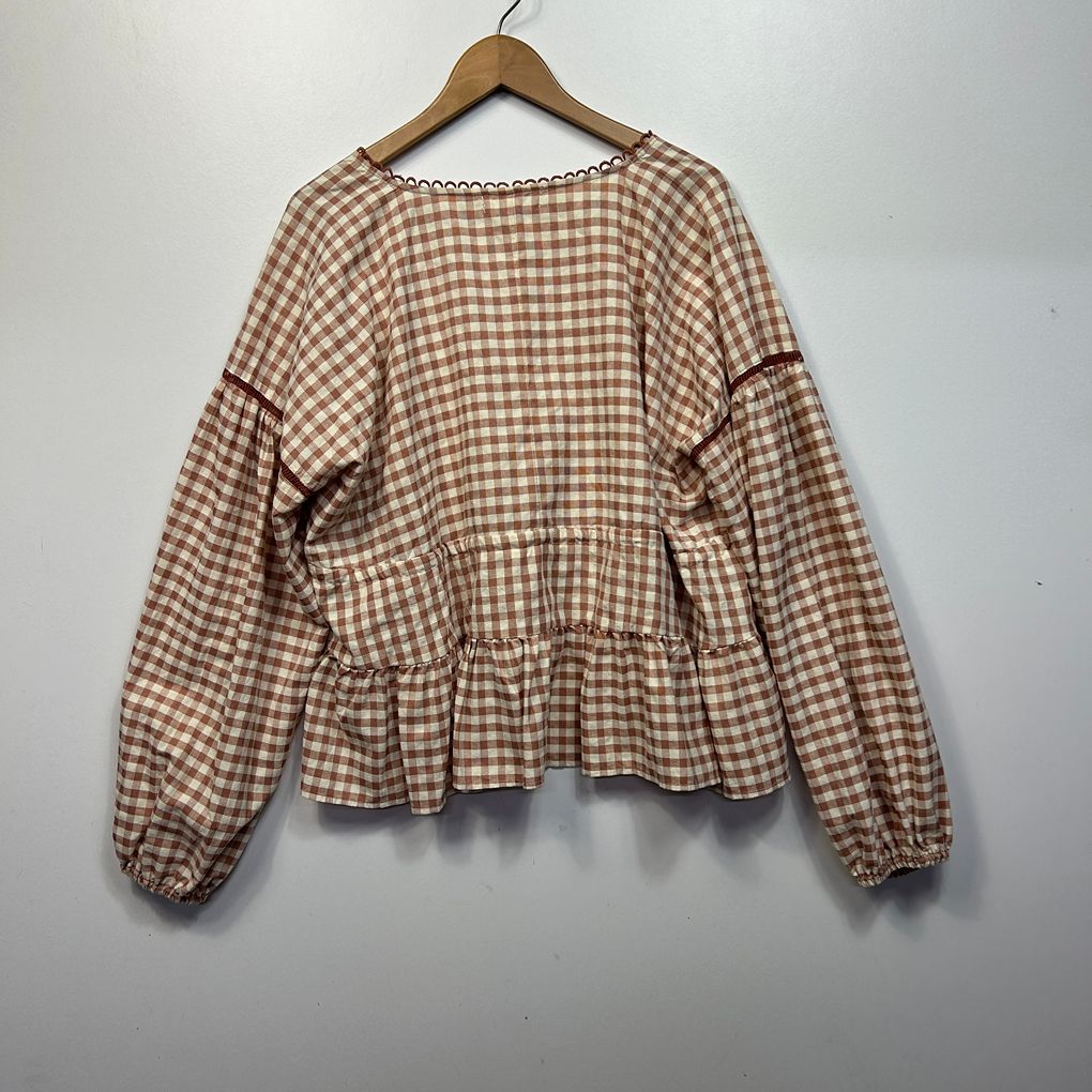 Shareen Collections Brown Gingham Check Cotton Top - Size XL