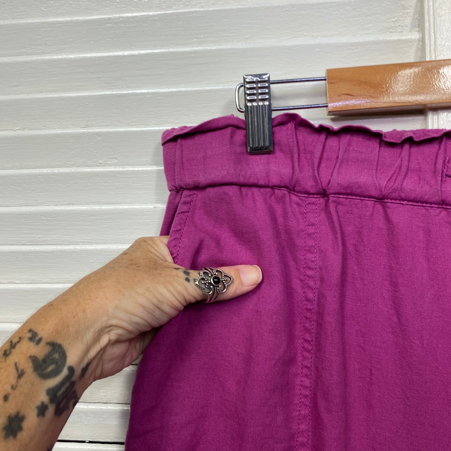 Autograph Linen Pants Size 14 Purple Pockets Elastic Waist