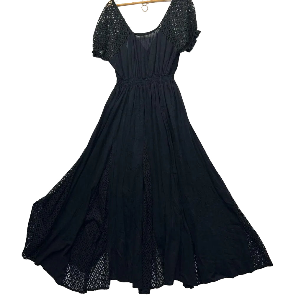 Ruby Street Black Cotton Crochet Trim Maxi Dress - Size 12