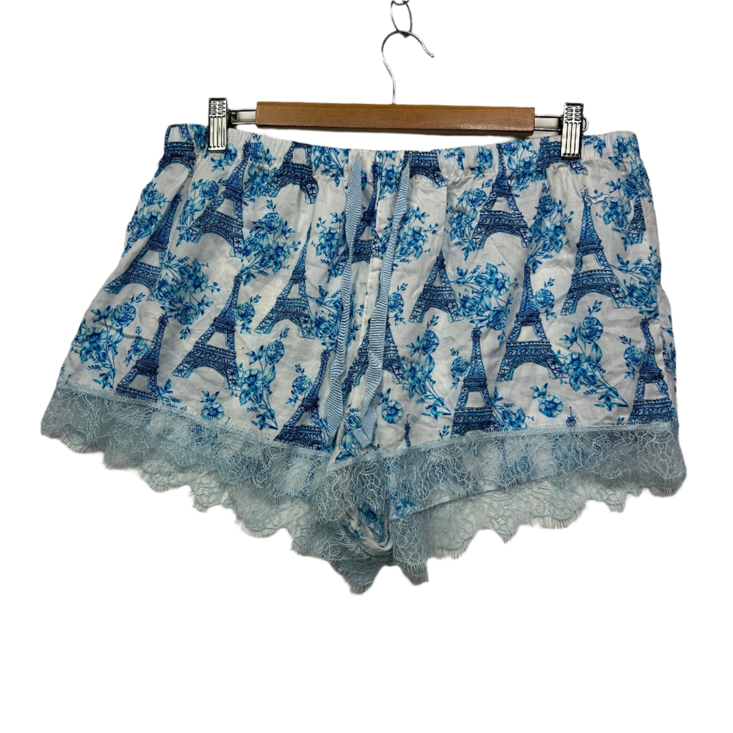 Peter Alexander PJ Shorts Size Large 14 Blue White Paris France Lace Trim