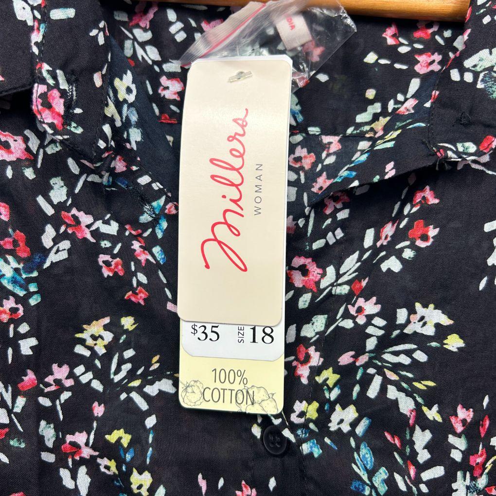 Millers Black Cotton Floral Top - Size 18