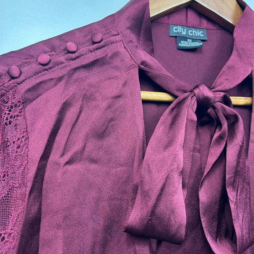 City Chic Burgundy Lace Sleeve Top - Size 14/XS