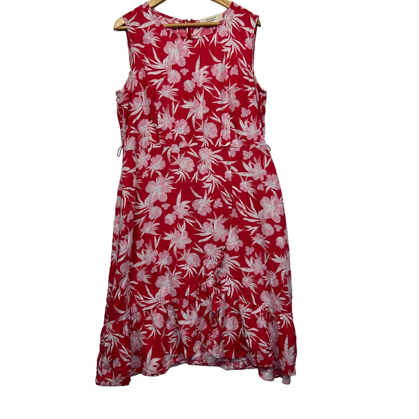 Jacqui E Red Floral Linen Sleeveless Dress - Size 16