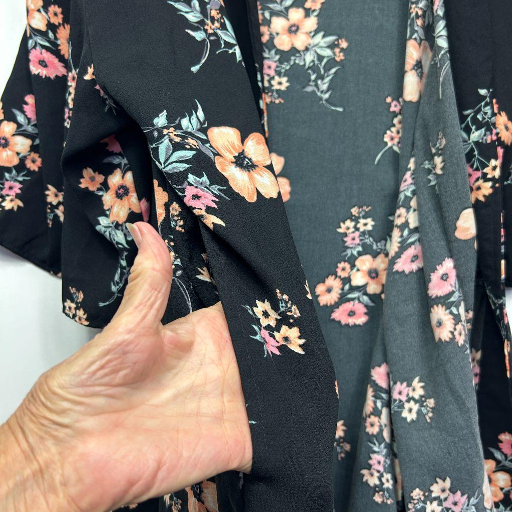 Yours Black Floral Kimono - Size 30/32