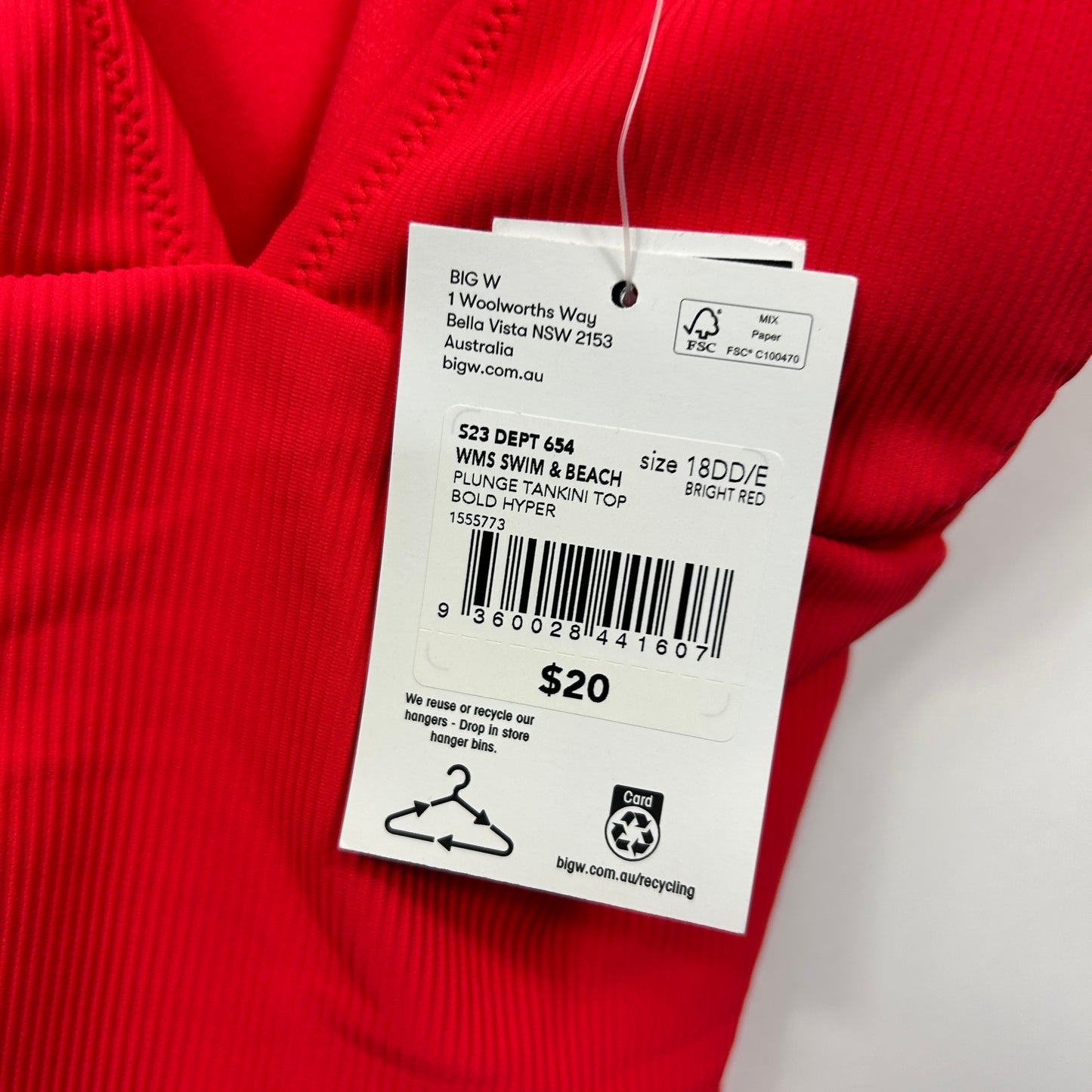 Big W Bright Red Tankini Top - Size 18DD/E