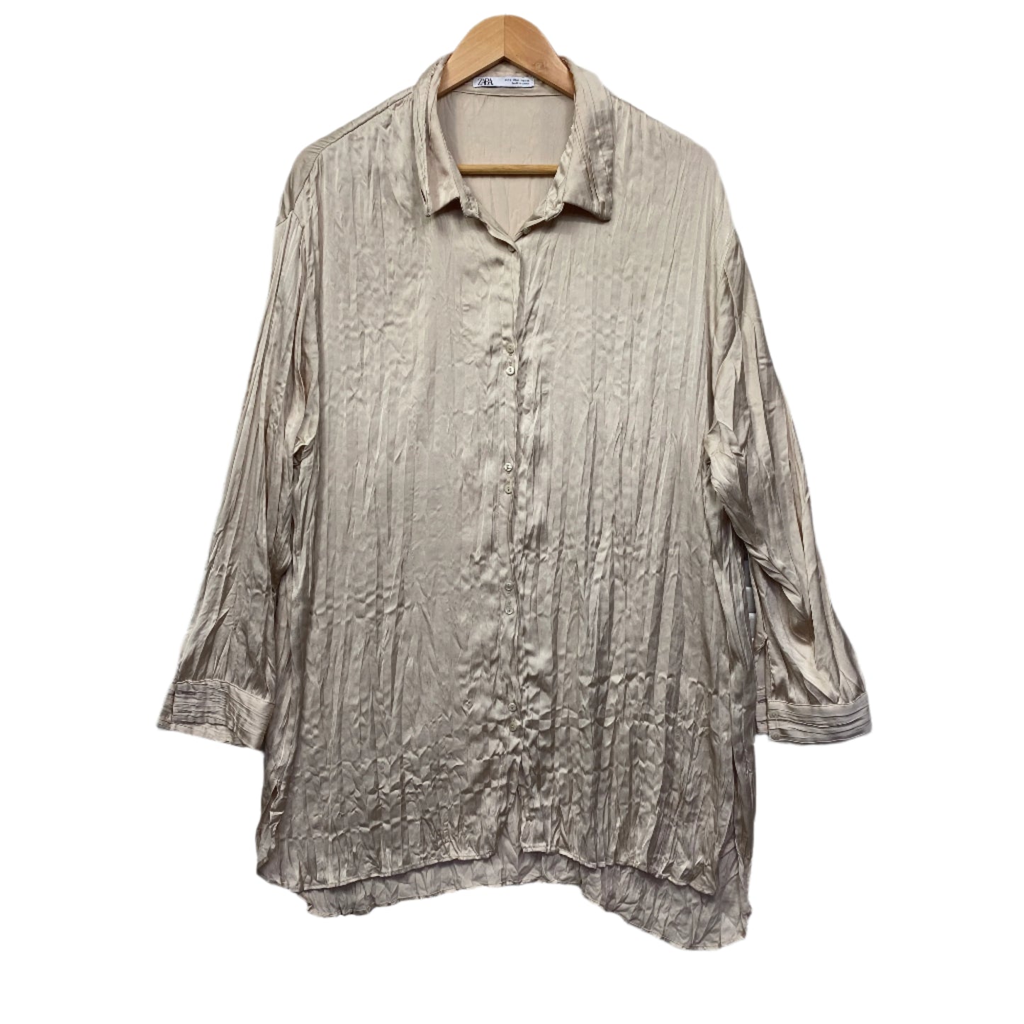 Zara Top Size 14 Long Sleeve Button Up Beige Shiny Collared