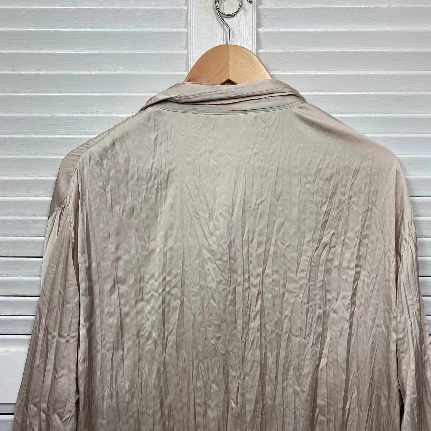 Zara Top Size 14 Long Sleeve Button Up Beige Shiny Collared