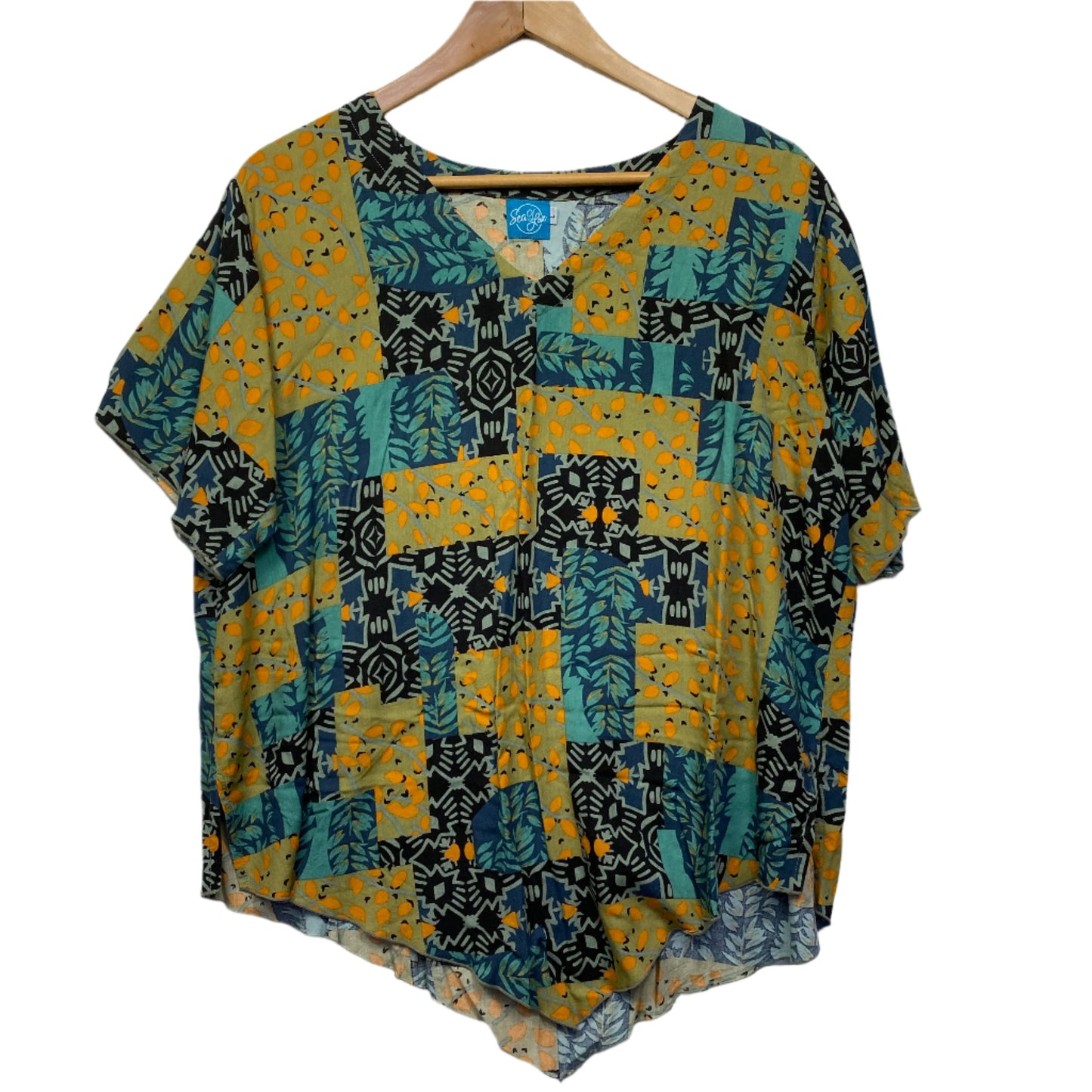 Sea Of Love Top Size 14 Large Multicoloured Patchwork Print Mustard Teal