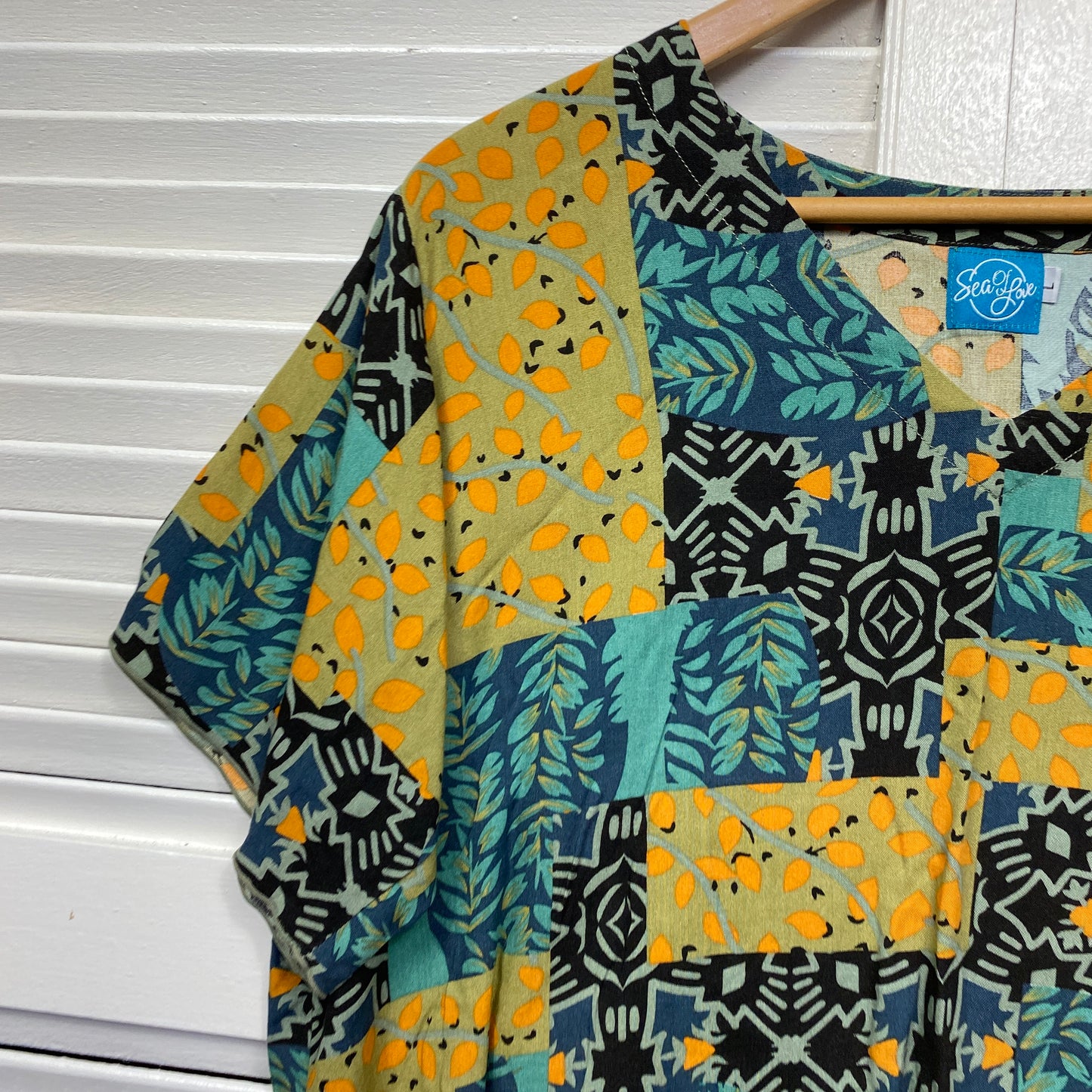 Sea Of Love Top Size 14 Large Multicoloured Patchwork Print Mustard Teal