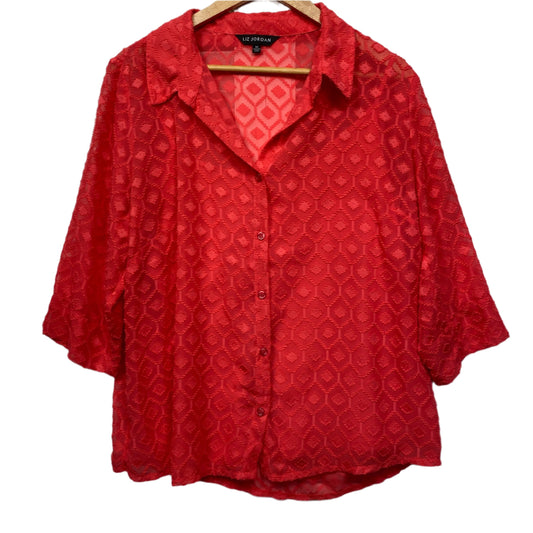 Liz Jordan Top Size 14 Red Button Up Long Sleeve Sheer