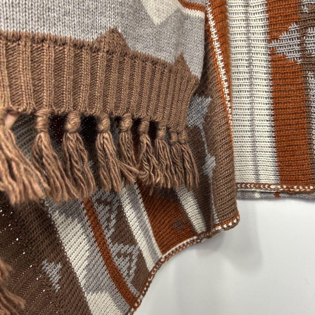 H&M Brown Fringed Aztec Sleeveless Poncho - One Size