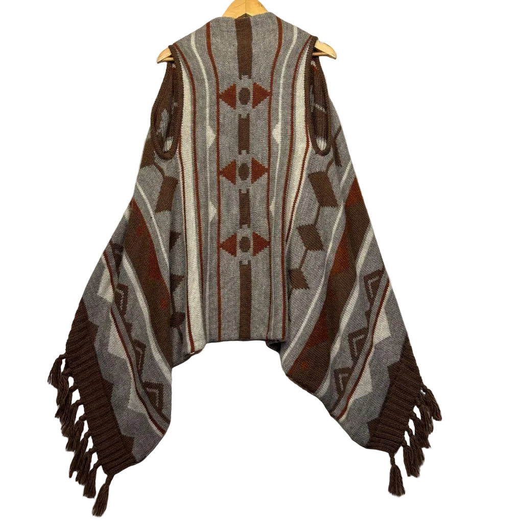 H&M Brown Fringed Aztec Sleeveless Poncho - One Size
