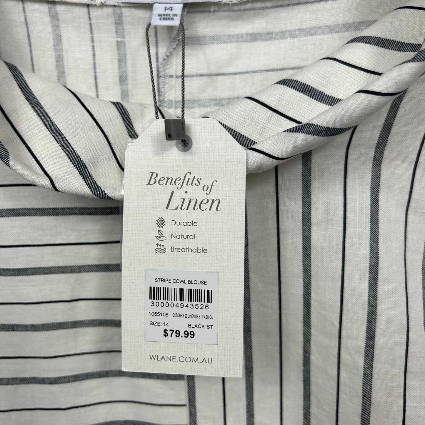 W Lane Striped Linen Cowl Neck Top - Size 14