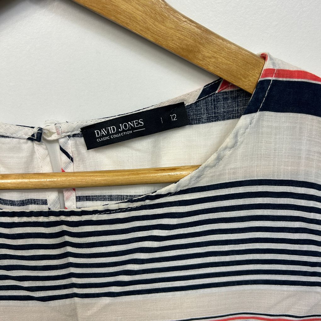 David Jones White Striped Cotton Dress - Size 12