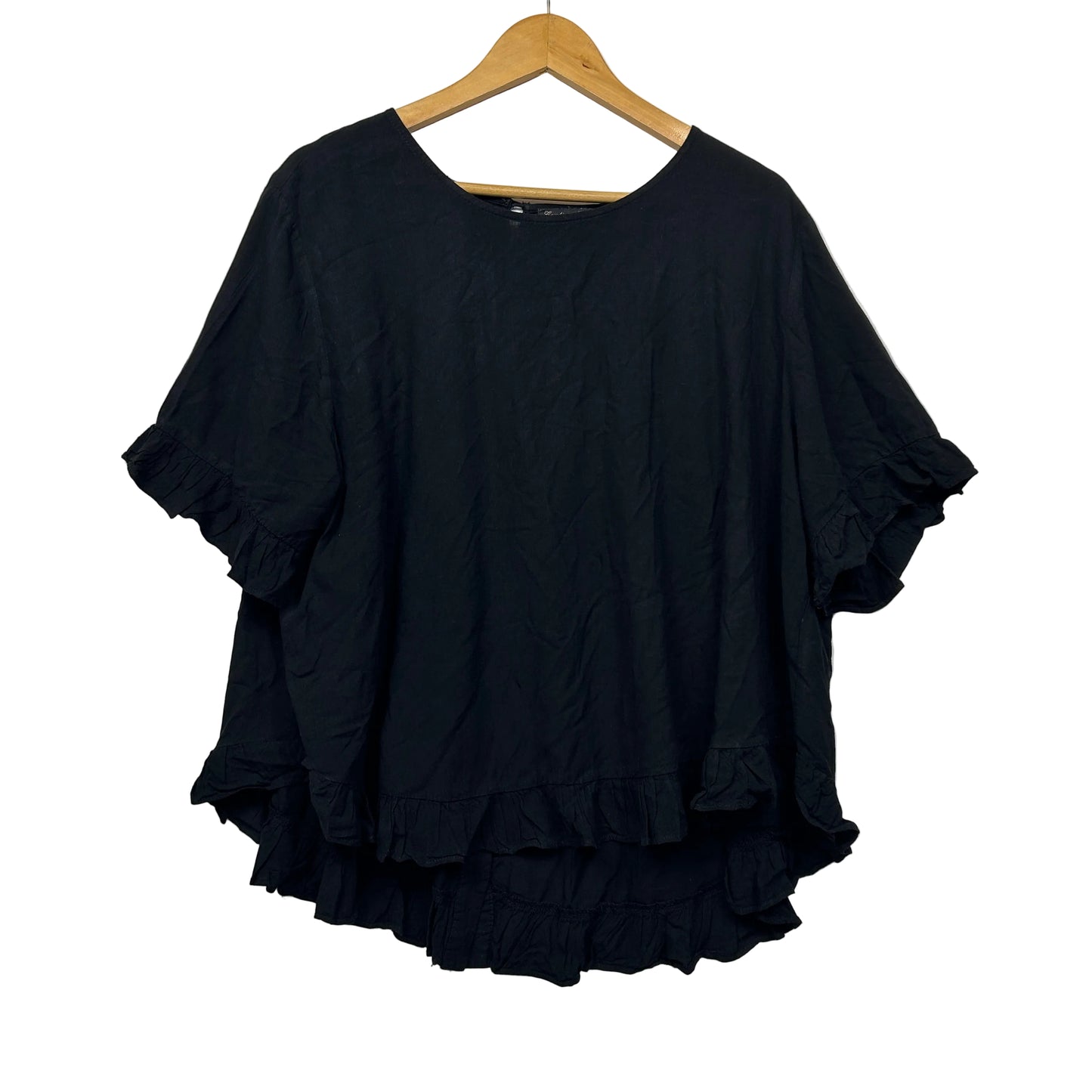 Caroline Morgan Black Button-Front Ruffle Hem Top - Size 16