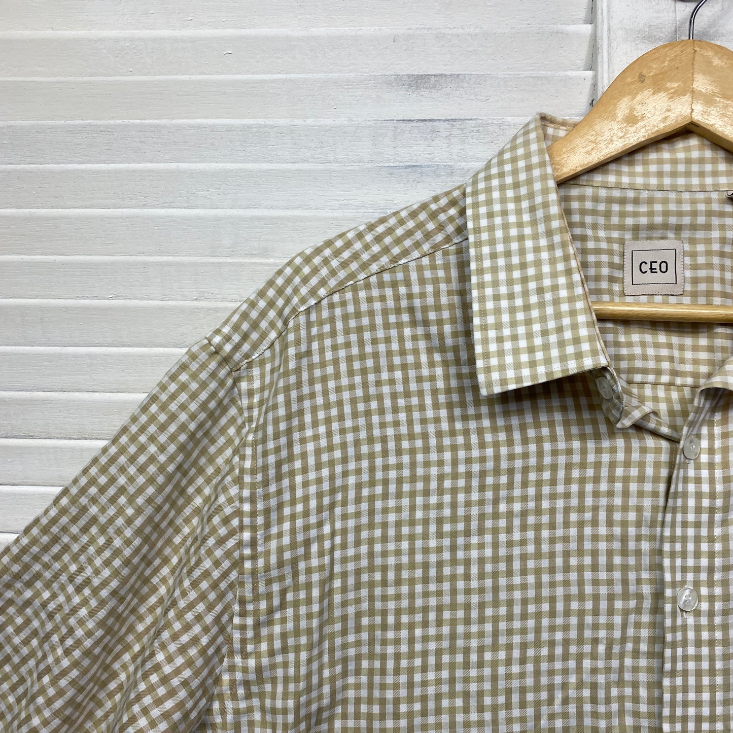 CEO Mens Shirt Size 3XL Beige White Gingham Check Short Sleeve