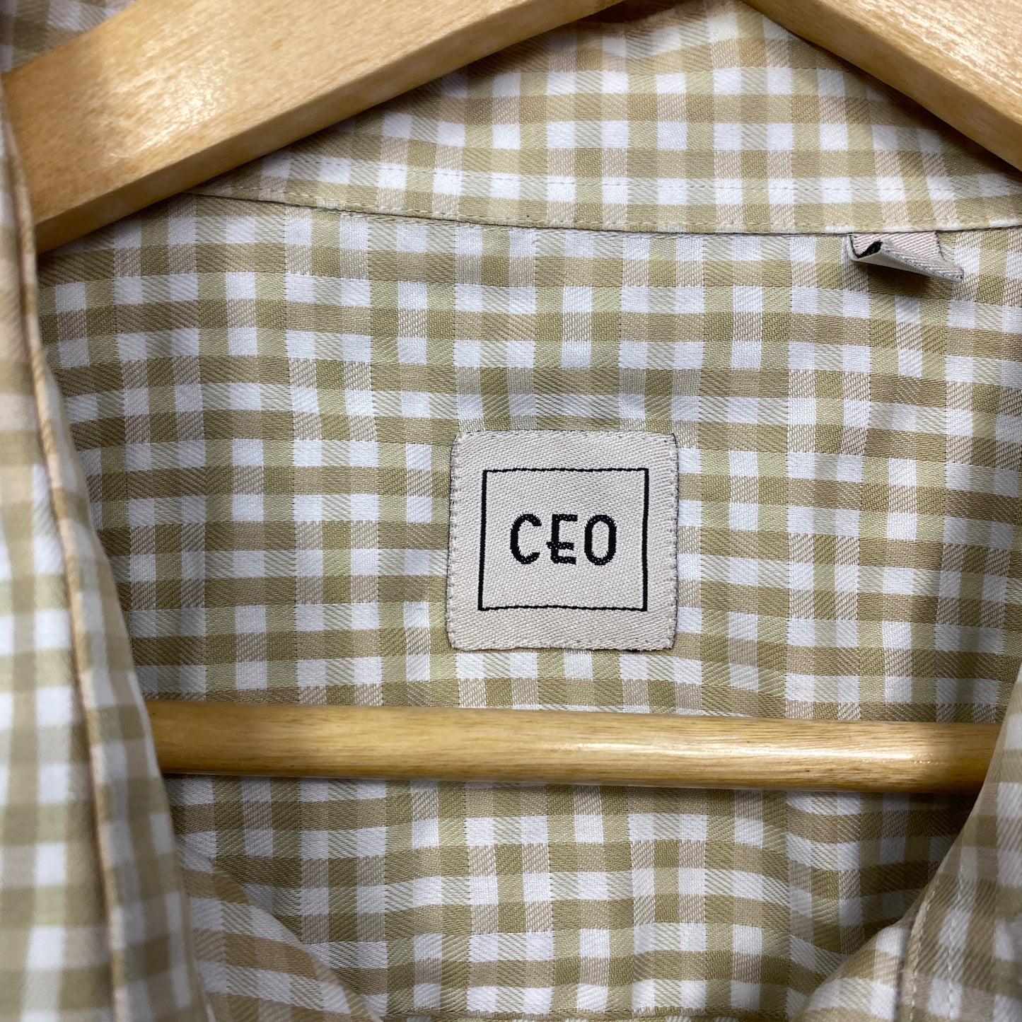 CEO Mens Shirt Size 3XL Beige White Gingham Check Short Sleeve