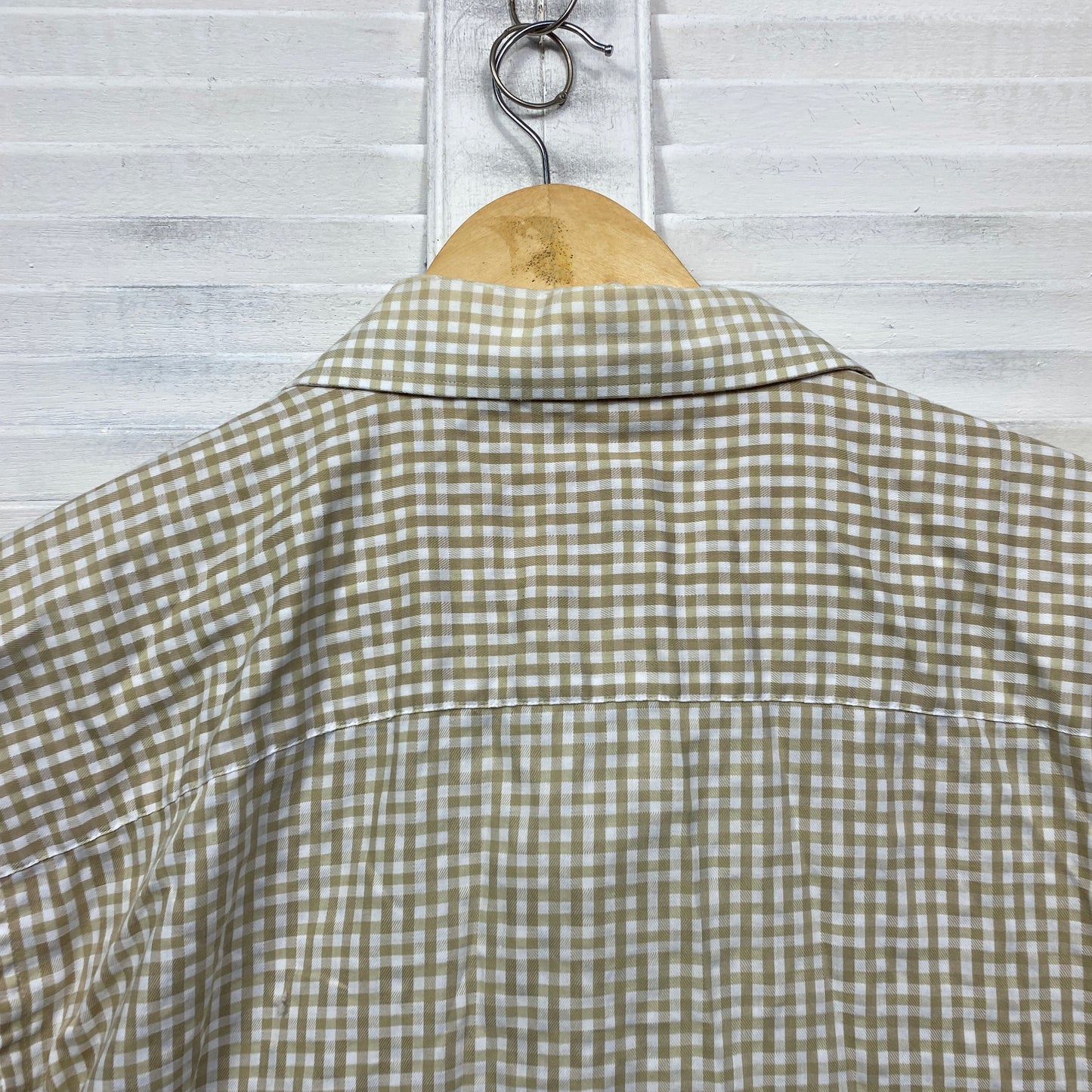 CEO Mens Shirt Size 3XL Beige White Gingham Check Short Sleeve