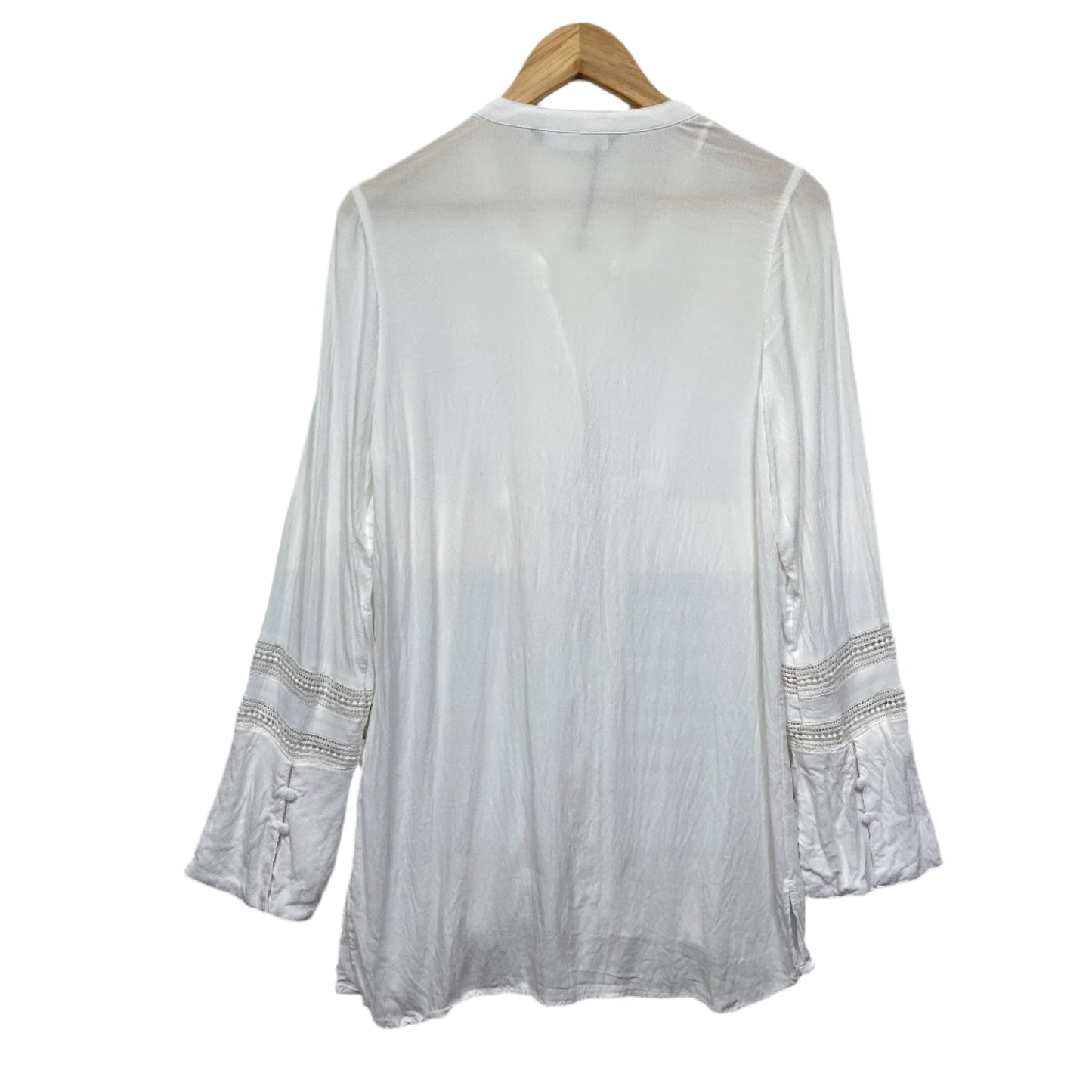 Katies Top Size 14 White Long Sleeve Sheer Button Up Crochet Trim