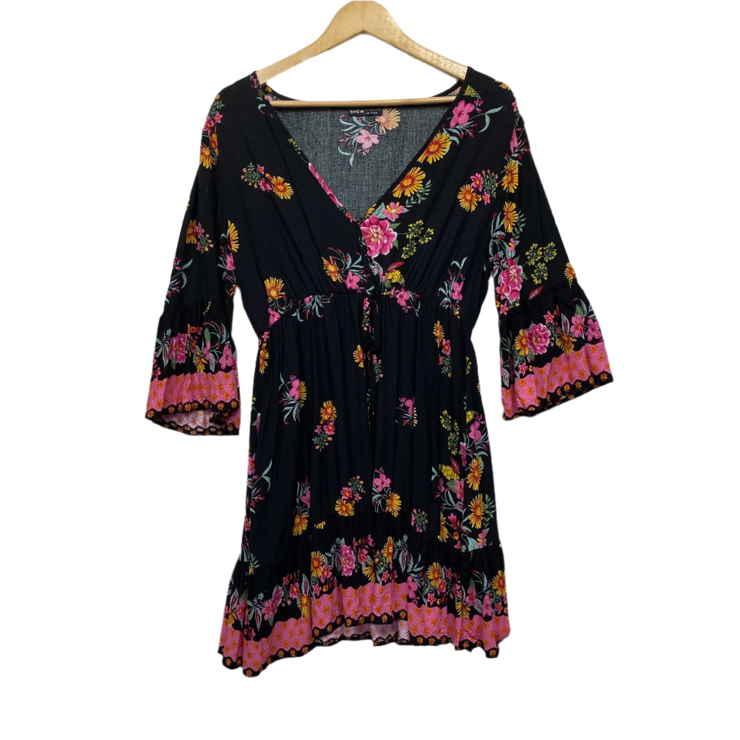 Shein Boho Dress Size Large 14 Black Floral