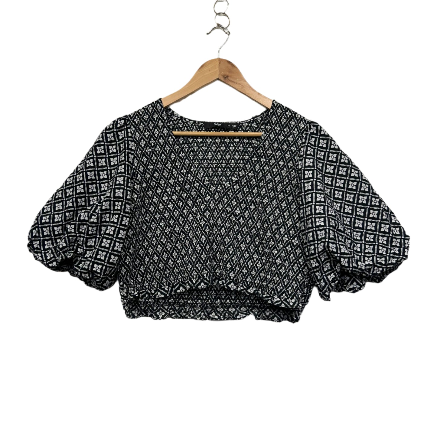 Sportsgirl Top Size 16 Black White Crop Billow Sleeve