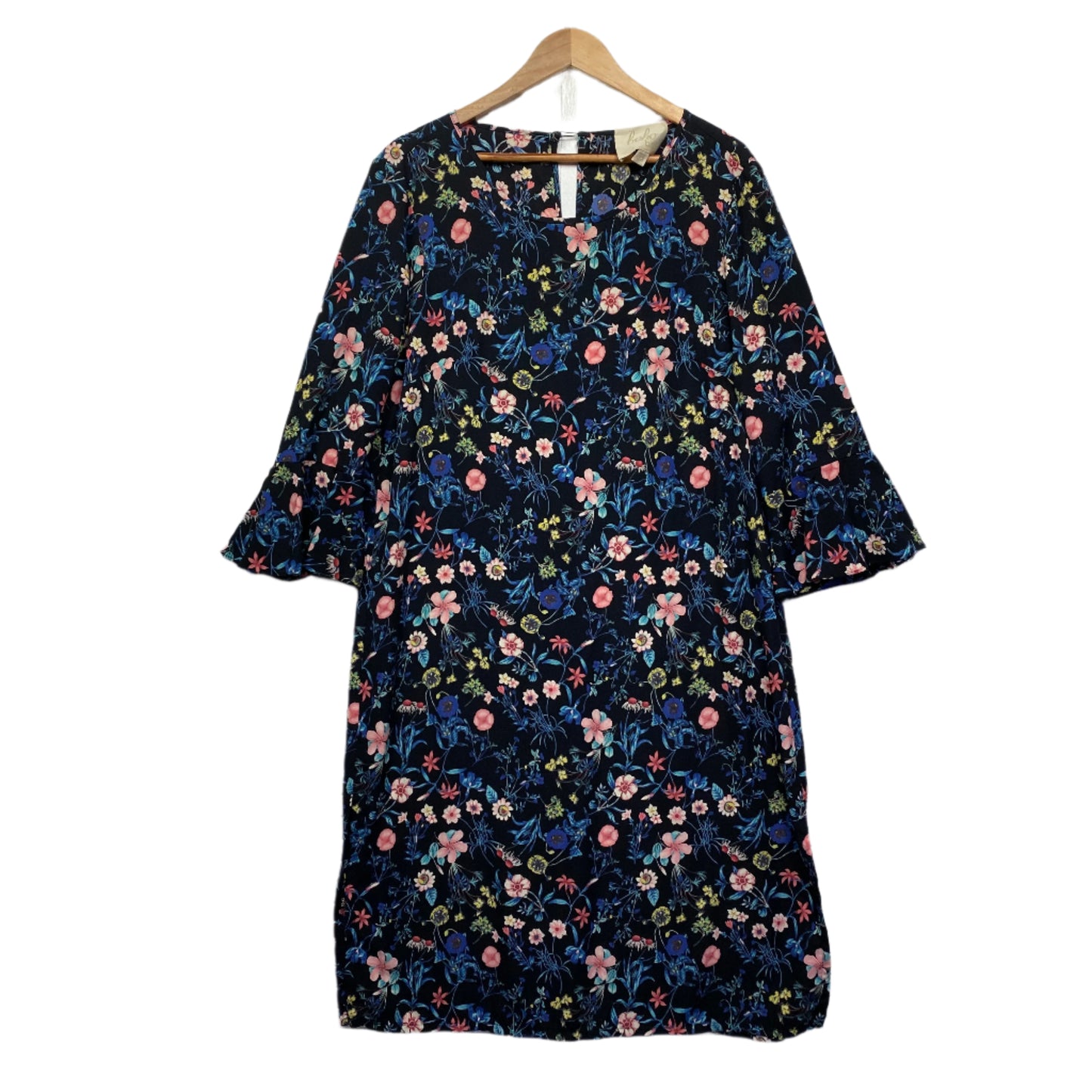 Boho Bird Dress Size 16 Black Floral Long Sleeve Made in Australia (Fault)