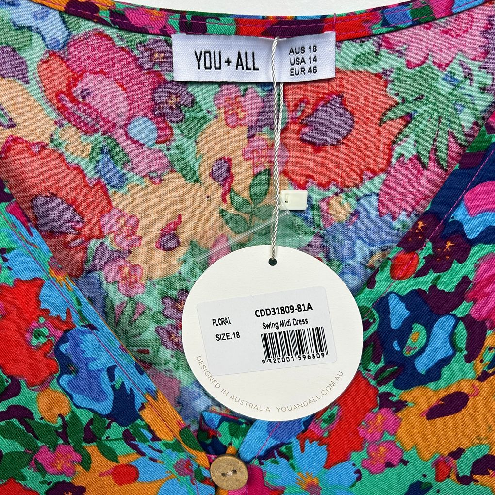 You+All Multicoloured Floral Swing Midi Dress - Size 18