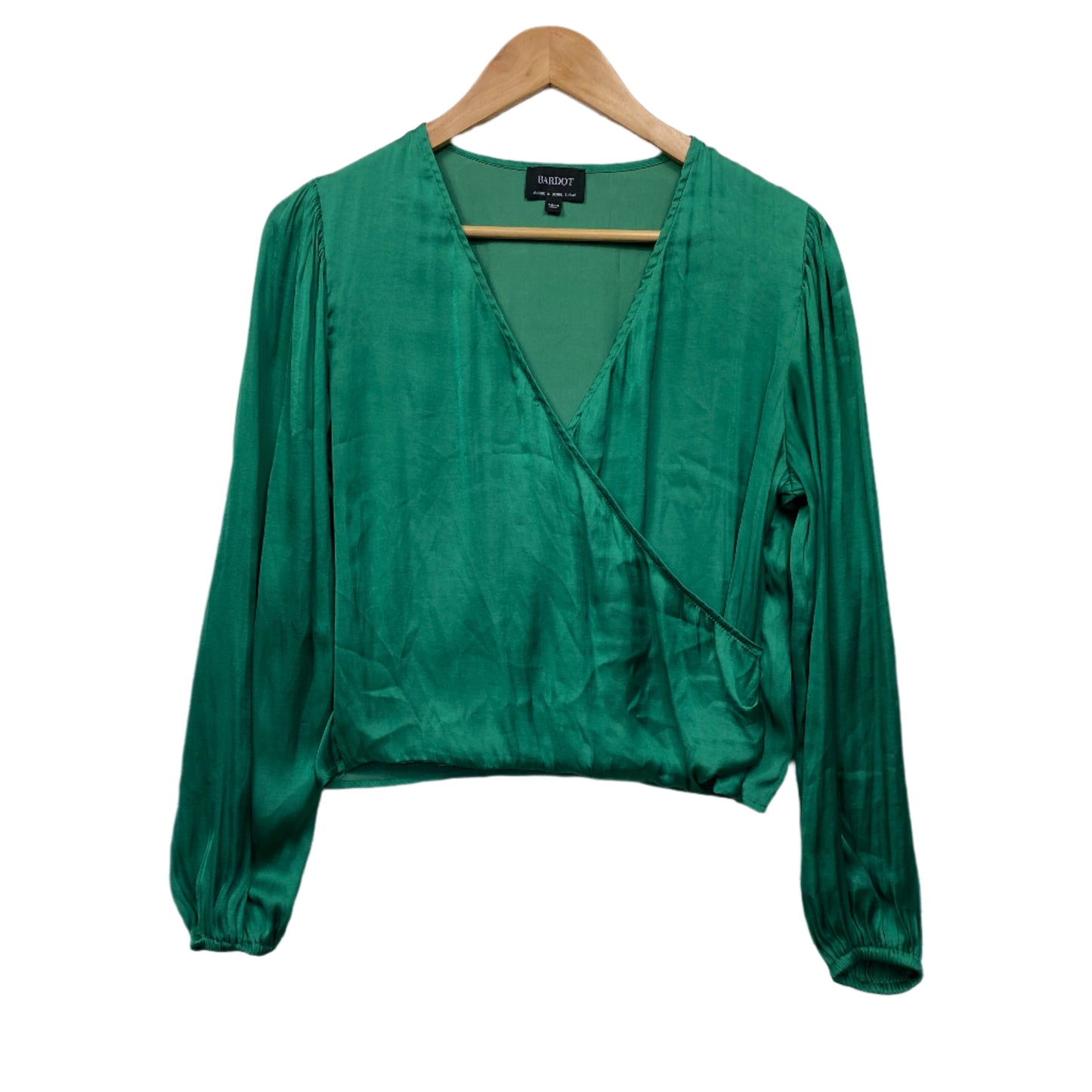 Bardot Top Size 14 Green Shiny Long Sleeve V Neck