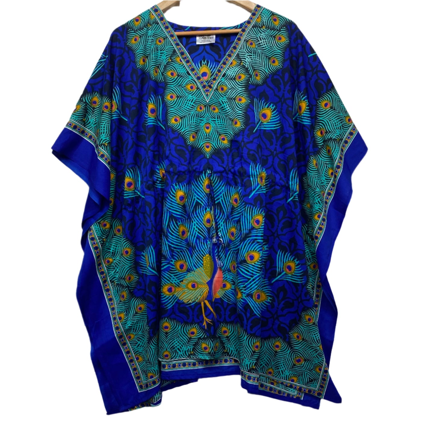 Kaftan Top One Size Blue Short Sleeve Peacock Swim Cover Up