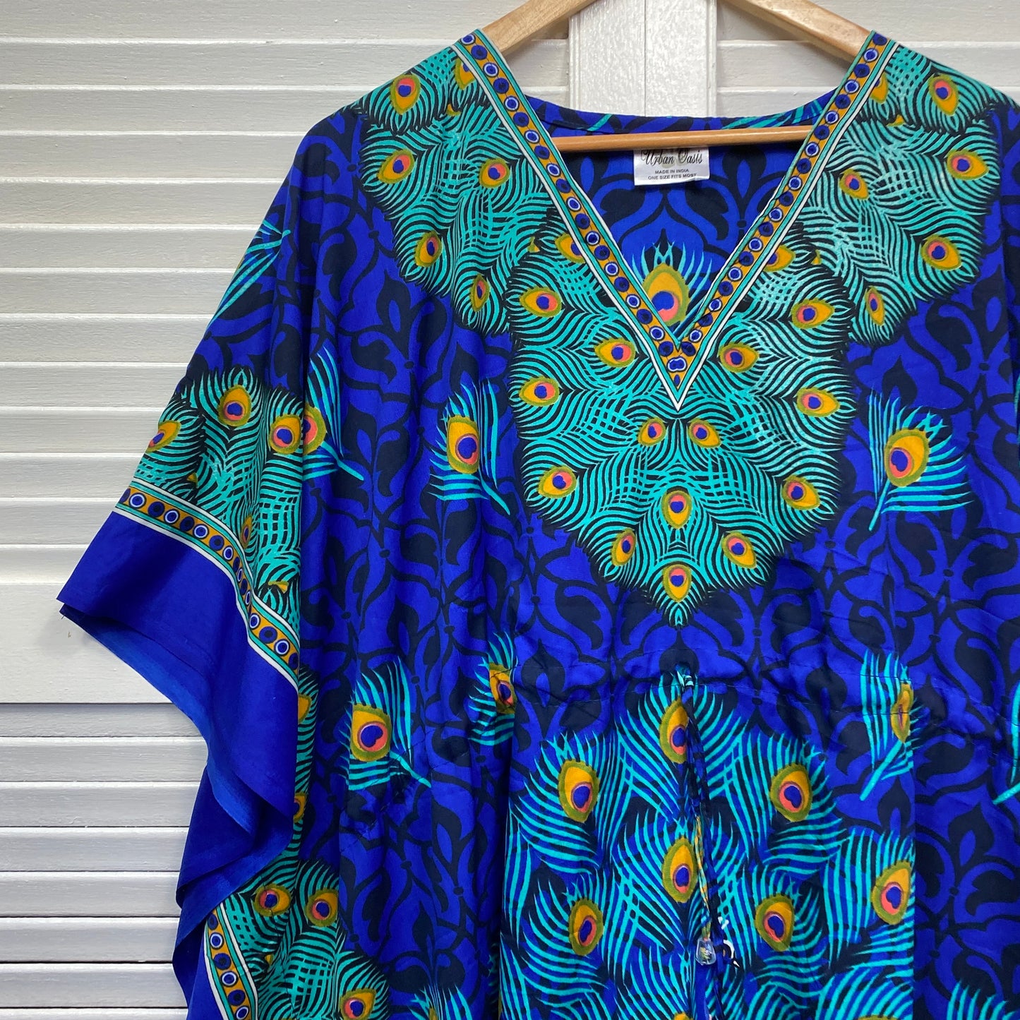 Kaftan Top One Size Blue Short Sleeve Peacock Swim Cover Up