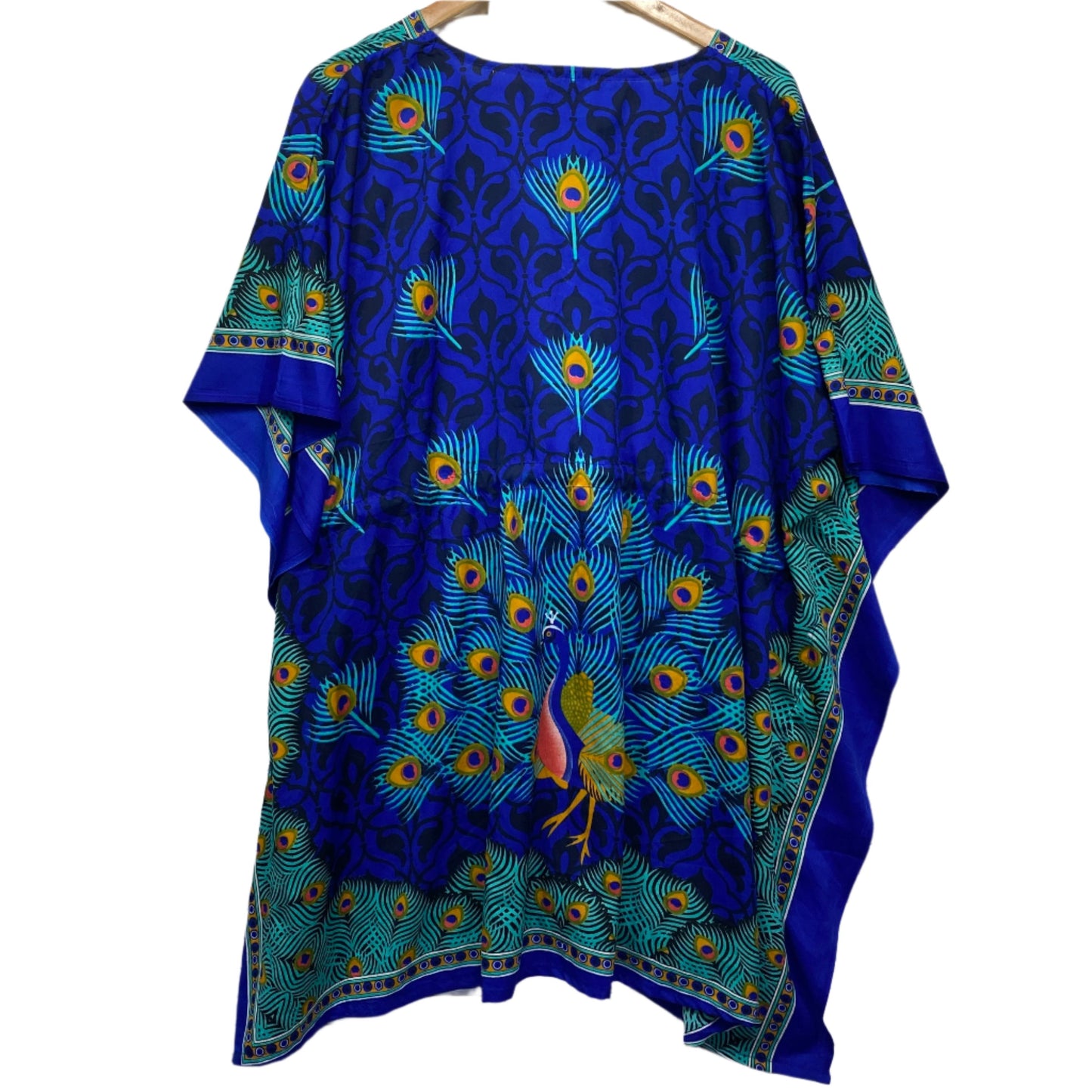 Kaftan Top One Size Blue Short Sleeve Peacock Swim Cover Up