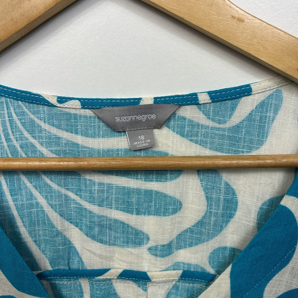 Suzanne Grae Teal Print Linen Dress - Size 18
