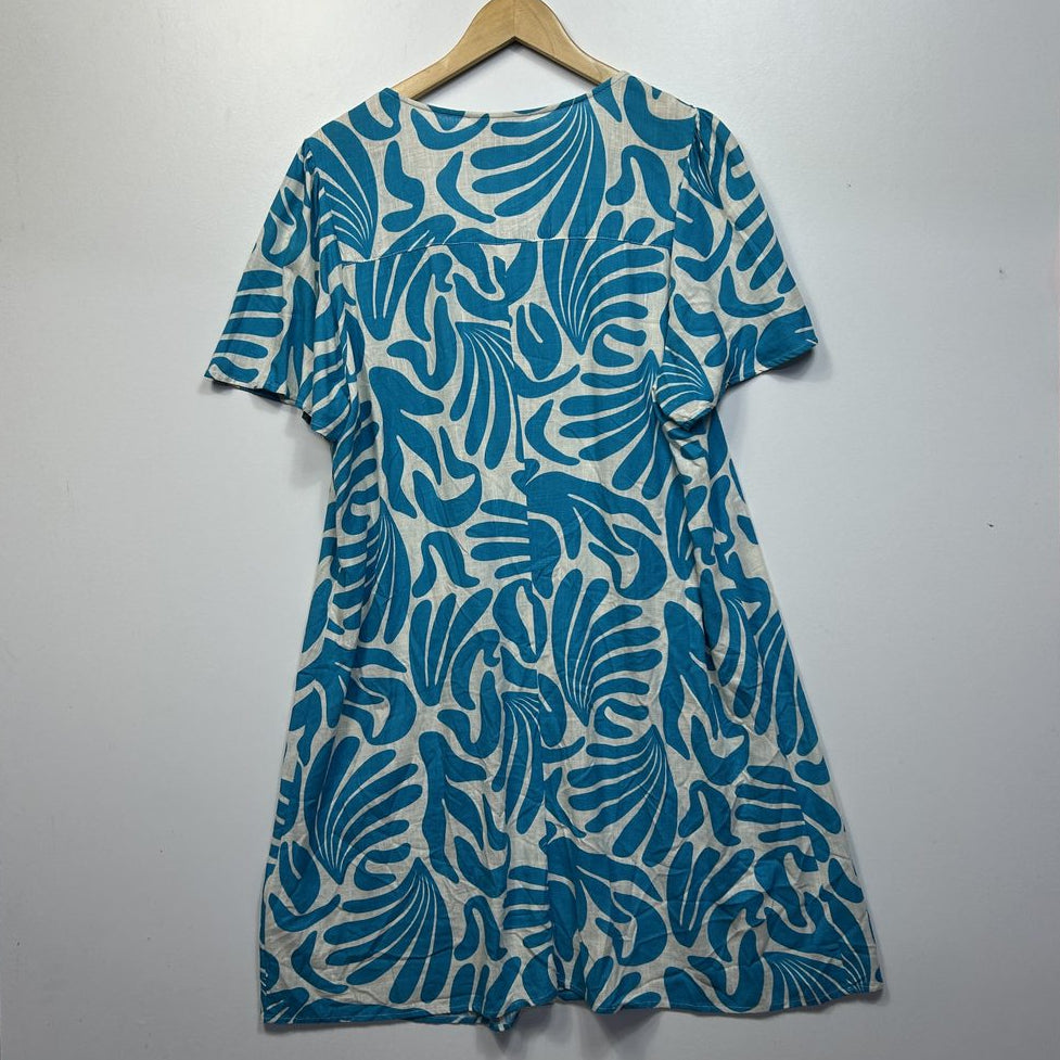 Suzanne Grae Teal Print Linen Dress - Size 18