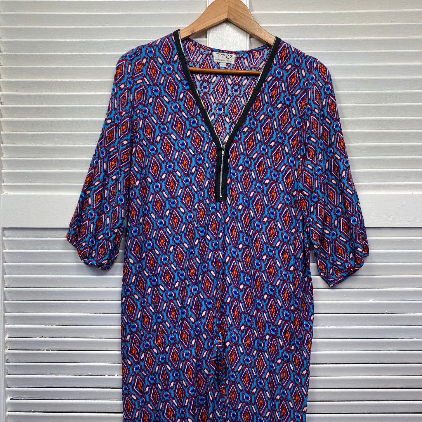 Freez Boho Dress Size 14 Large 3/4 Sleeve Purple Blue Drop Waist Tie