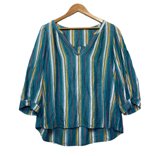 Linen Blend Top Size 16? Teal Striped Long Sleeve