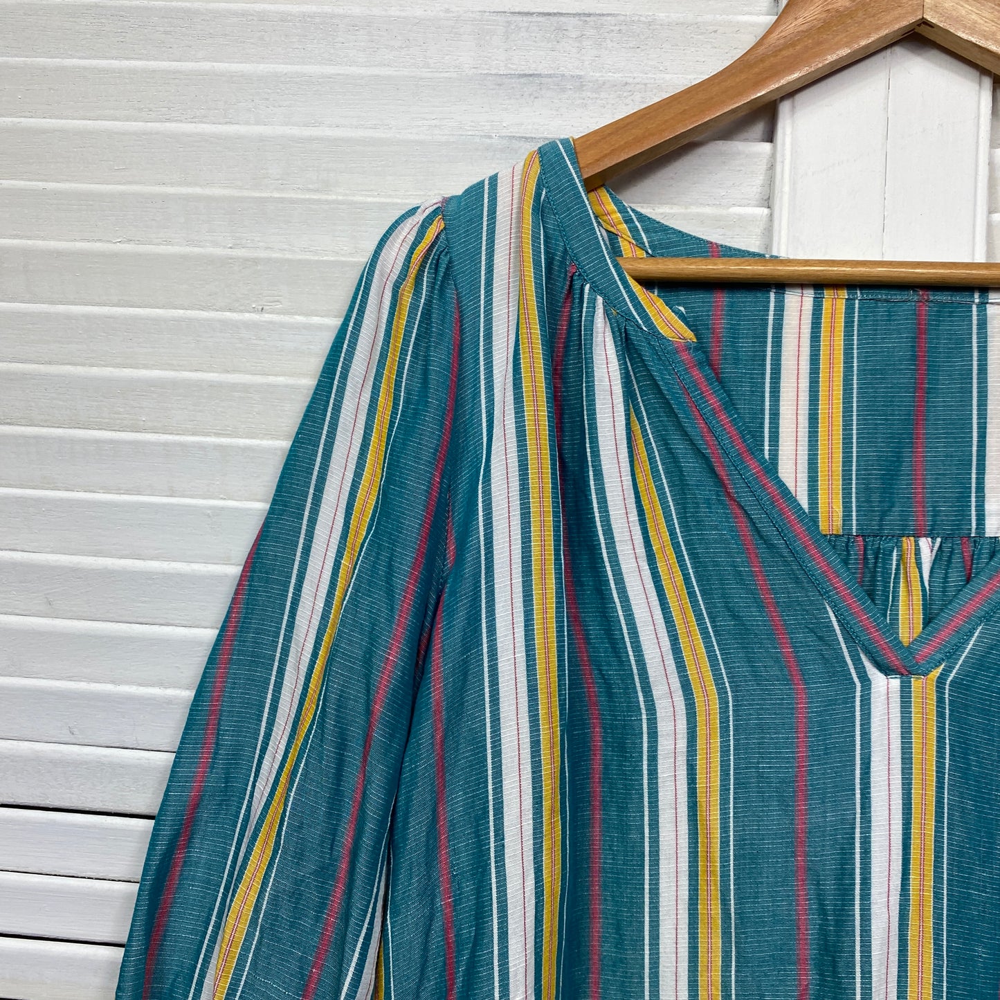 Linen Blend Top Size 16? Teal Striped Long Sleeve