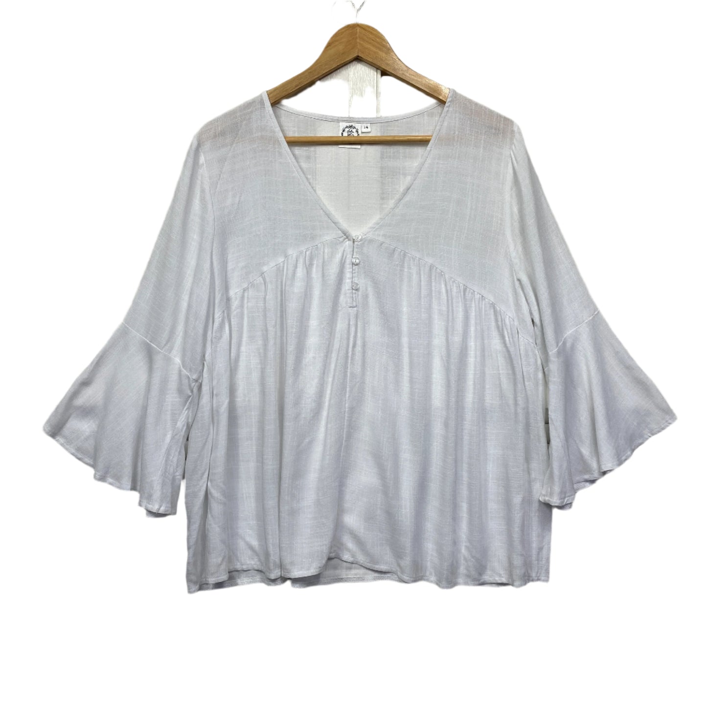 Silver Wishes Peak Top Size 14 White Bell Sleeve Sheer