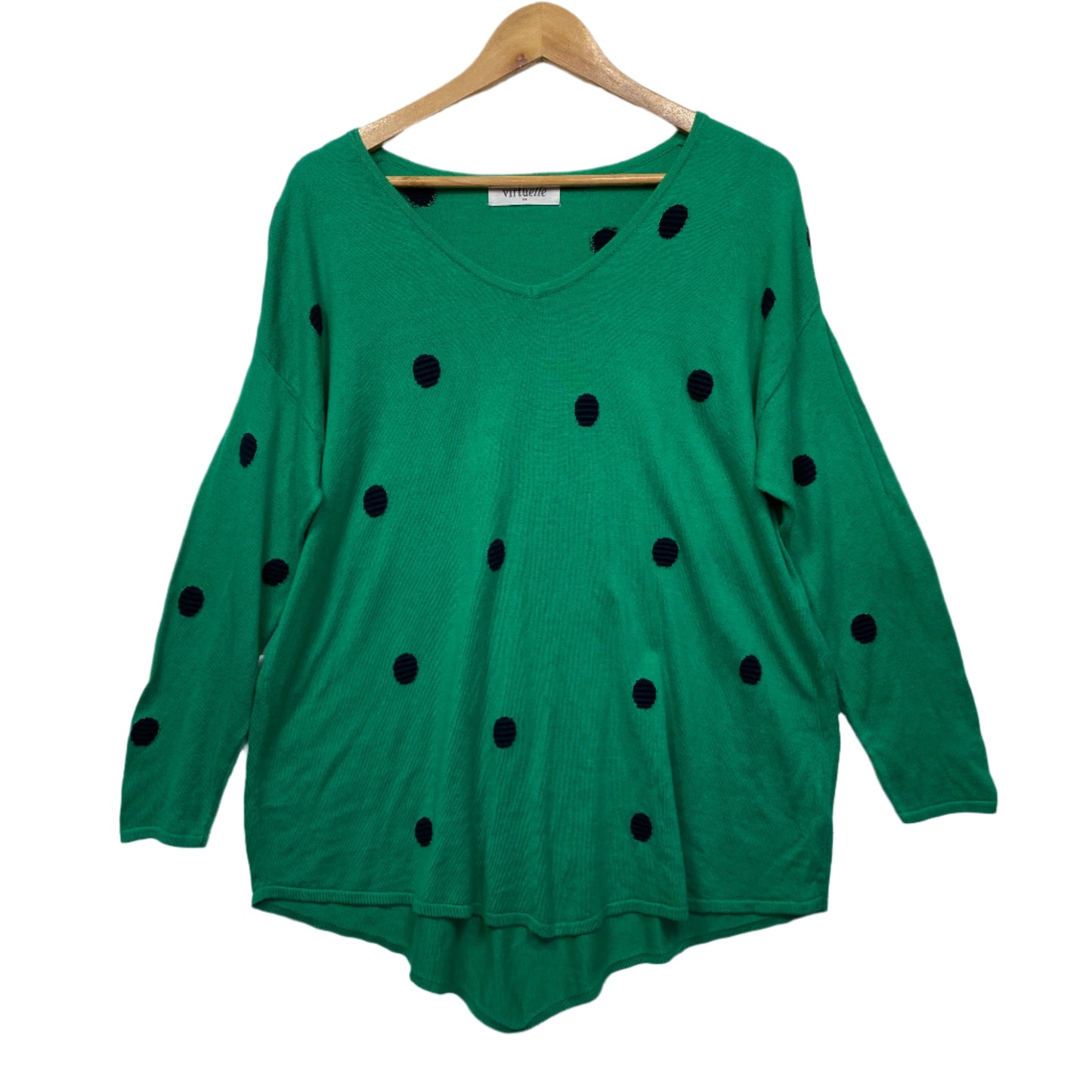 Virtuelle Jumper Knit Top Size 12 14 16 XXS Plus Long Sleeve Green Polka Dots