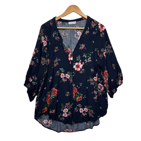 Bird Keepers Top Size 16 Navy Floral Long Roll Tab Sleeve Birdsnest