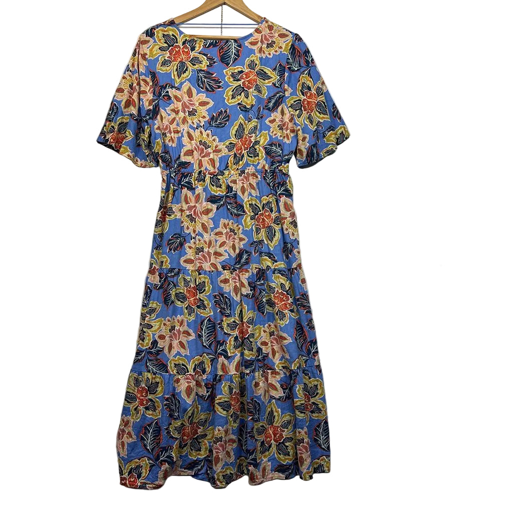 Piping Hot Blue Floral Linen Dress - Size 16